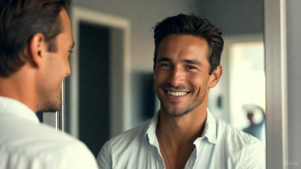 A man smiling at his reflection in a mirror, showcasing a moment of joy and self-acceptance.